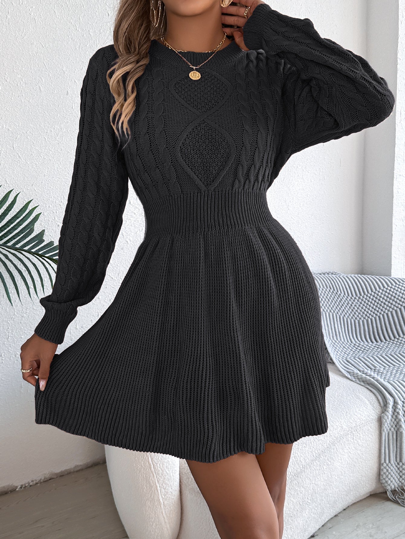 Women’s Cable Knit Sweater Dress with Lantern Sleeves & Cinched Waist – Solid Color Winter Outfit