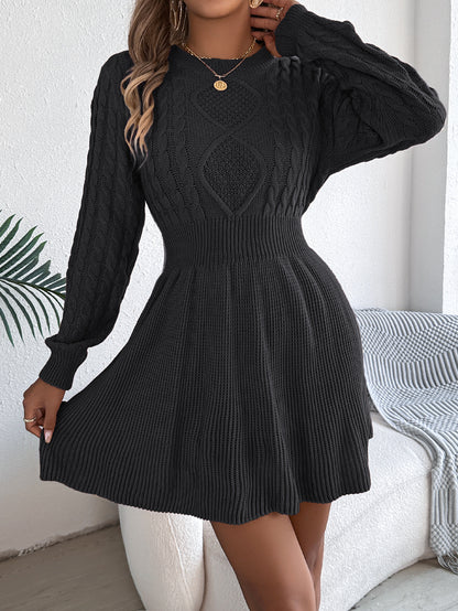 Women’s Cable Knit Sweater Dress with Lantern Sleeves & Cinched Waist – Solid Color Winter Outfit