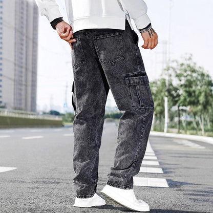 Men’s Loose-Fit Multi-Pocket Denim Jeans – Fashionable Street-Style Workwear