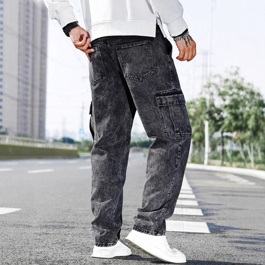 Men’s Loose-Fit Multi-Pocket Denim Jeans – Fashionable Street-Style Workwear