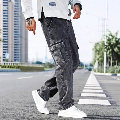Men’s Loose-Fit Multi-Pocket Denim Jeans – Fashionable Street-Style Workwear