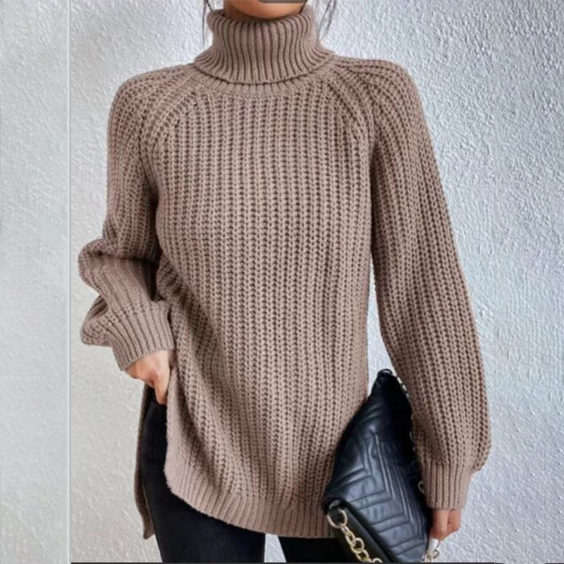 Women’s Turtleneck Pullover Sweater – Solid Color Long Sleeve Top with Split Design