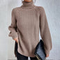 Women’s Turtleneck Pullover Sweater – Solid Color Long Sleeve Top with Split Design