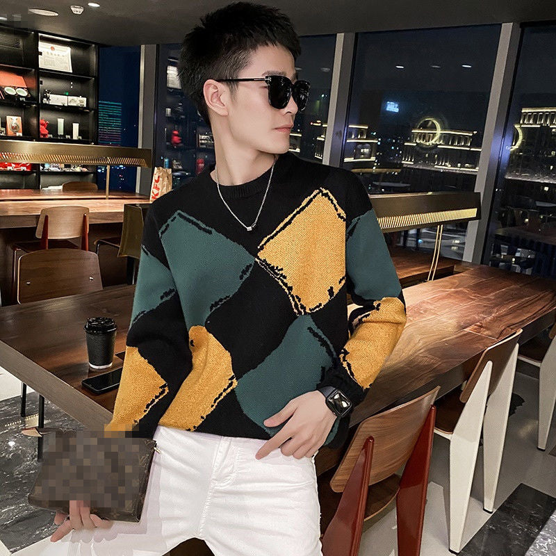 Men’s Contrast-Color Knit Crew Neck Sweater – Fashionable Casual Pullover