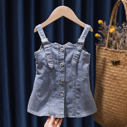 Kids Summer Denim Suspender Skirt Outfit – Baby Fashion Short Sleeve Set