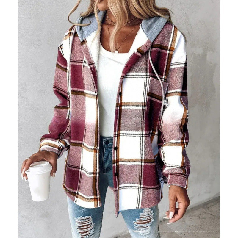 Women’s Plaid Hooded Jacket – Casual Buttoned Pocket Coat for Autumn & Winter