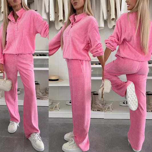 Women’s Solid Color Long-Sleeve Button-Up Top with Pockets – Casual Office & Everyday Shirt Set