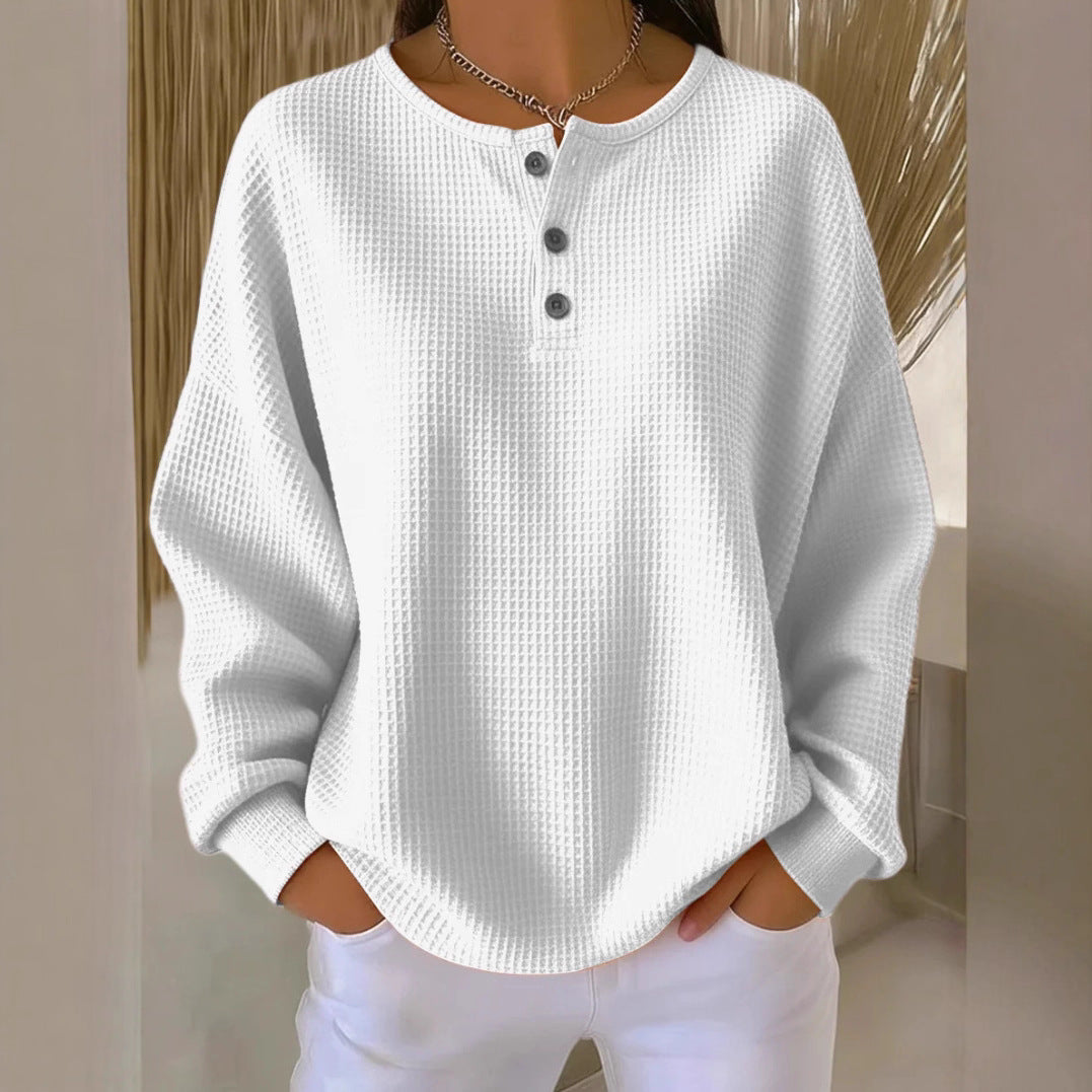 Women’s Waffle Knit Long-Sleeve T-Shirt – Solid Color Round Neck Pullover with Buttons