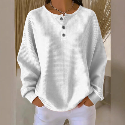 Women’s Waffle Knit Long-Sleeve T-Shirt – Solid Color Round Neck Pullover with Buttons