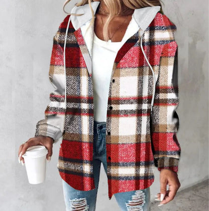 Women’s Plaid Hooded Jacket – Casual Buttoned Pocket Coat for Autumn & Winter